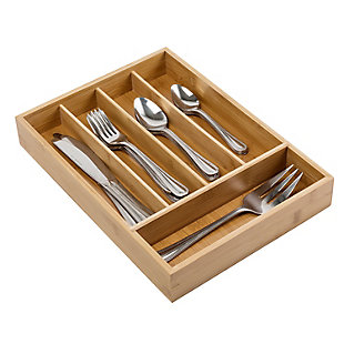 Enter the Bamboo Drawer Organizer. From pencils, pens and scissors to knives and forks, use this organizer on its own or combine together in multiples to keep your space tidy and your mind uncluttered as you pull open that drawer for the tenth time today. And don't let the word "drawer" fool you, its easy-on-the-eyes bamboo finish lets you drop your favorite jewelry into it at the end of each day and keep it right there on your bedroom shelf in plain sight.Made with bamboo material; easily renewable and environmentally friendly | Organize silverware and utensils