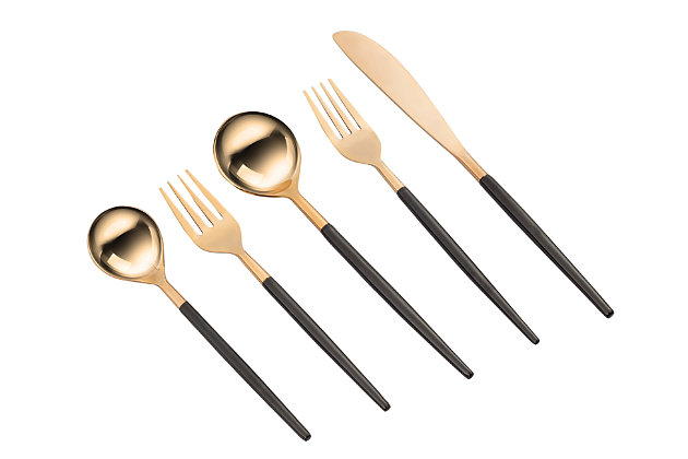 Elegant enough for entertaining, yet practical enough for everyday use, the shapes of this flatware set are minimal and clean. The two-tone finish adds drama and style to the table.Stylish black and rose gold finish | 20 Pc Set- 4 Tea Spoon(TS), 4 Dinner Spoon(DS), 4 Dinner Fork(DF), 4 Salad Fork(SF), 4 Knife(K) | Dishwasher safe | Imported