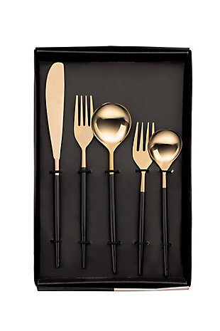 Elegant enough for entertaining, yet practical enough for everyday use, the shapes of this flatware set are minimal and clean. The two-tone finish adds drama and style to the table.Stylish black and rose gold finish | 20 Pc Set- 4 Tea Spoon(TS), 4 Dinner Spoon(DS), 4 Dinner Fork(DF), 4 Salad Fork(SF), 4 Knife(K) | Dishwasher safe | Imported