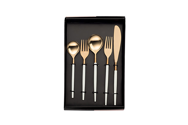 Elegant enough for entertaining, yet practical enough for everyday use, the shapes of this flatware set are minimal and clean. The two-tone finish adds drama and style to the table.Stylish white and rose gold finish | 20 Pc Set- 4 Tea Spoon(TS), 4 Dinner Spoon(DS), 4 Dinner Fork(DF), 4 Salad Fork(SF), 4 Knife(K) | Dishwasher safe | Imported