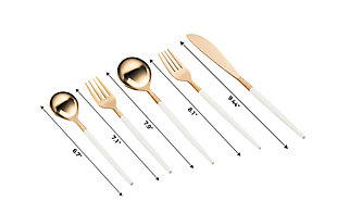 Elegant enough for entertaining, yet practical enough for everyday use, the shapes of this flatware set are minimal and clean. The two-tone finish adds drama and style to the table.Stylish white and rose gold finish | 20 Pc Set- 4 Tea Spoon(TS), 4 Dinner Spoon(DS), 4 Dinner Fork(DF), 4 Salad Fork(SF), 4 Knife(K) | Dishwasher safe | Imported