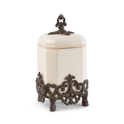 The Gerson Company 14-inch Tall Provencial Cream Canister With Brown Metal Scrolled Base, , large