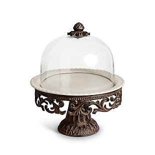 The Gerson Company Glass Domed Cake Pedestal With Acanthus Leaf Ornate Brown Metal Base And Cream Ceramic Plate, , large