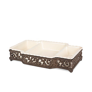 The Gerson Company Cream Stoneware 3-part Server In Metal Acanthus Leaf Base, , large