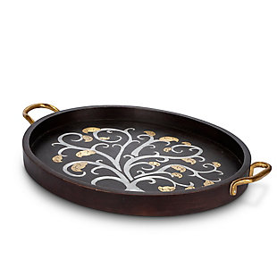 The Gerson Company 29-inch Long, Hand-crafted, Gold Leaf Oval Mango Wood Inlay Tray, , rollover