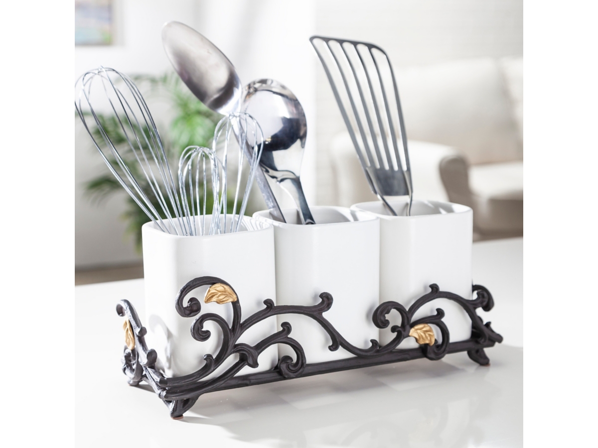 Gold Leaf Ceramic 3-vase Flatware Caddy with Espresso Brown Vines and Gold Leaf Accented Base Gold Leaf Ceramic 3-vase Flatware Caddy with Espresso Brown Vines and Gold Leaf Accented Base
