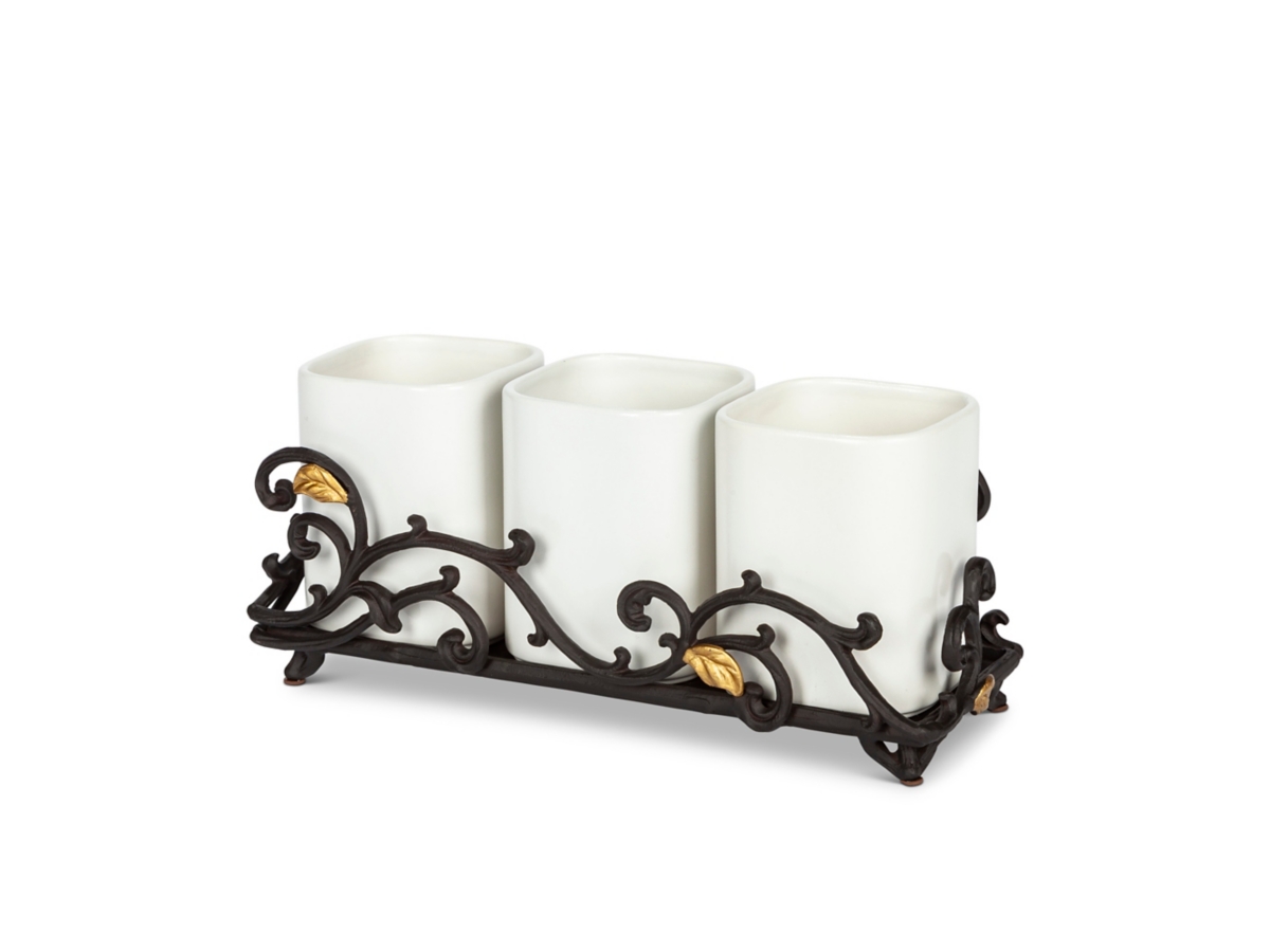 Gold Leaf Ceramic 3-vase Flatware Caddy with Espresso Brown Vines and Gold Leaf Accented Base Gold Leaf Ceramic 3-vase Flatware Caddy with Espresso Brown Vines and Gold Leaf Accented Base
