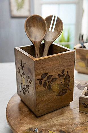 The Gerson Company Mango Wood With Laser And Metal Inlay Leaf Design Utensil Holder, , rollover
