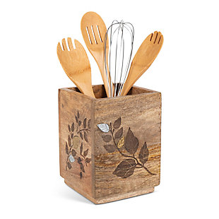 The Gerson Company Mango Wood With Laser And Metal Inlay Leaf Design Utensil Holder, , large