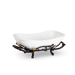 Our Gold Leaf Stoneware serving bowl sits in a lovely metal base with handles making passing vegetables, pasta or any dish easy for entertaining.Item measures 12"l x 7.75"w x 5"h | White rectangular-shaped stoneware serving bowl. | The gold leaves are delicately placed to add subtle and understated beauty to any taste. | Base has handles for easy lifting. | Food-safe.