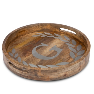 The Gerson Company Heritage Collection Mango Wood Round Tray With Letter "g", , large