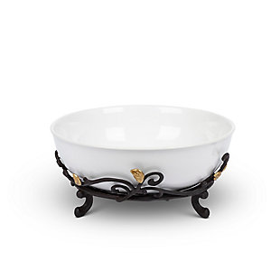 Our Gold Leaf Stoneware large serving bowl sits on a lovely metal base with gold leaf accent.  This serving bowl is perfect for salads, pastas, breads or punch!Item measures 12"l x 12"w x 5.5"h | White round-shaped stoneware bowl. | The gold leaves are delicately placed to add subtle and understated beauty to any taste. | Food-safe. | Bowl is dishwasher safe. Hand-wipe metal base with soapy soft damp cloth.
