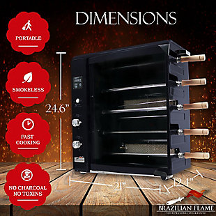 Brazilian Flame Brazilian Gas Rotisserie Grill with 5 Skewers and Upper Tray, Black, rollover