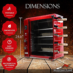 Brazilian Flame Brazilian Gas Rotisserie Grill with 5 Skewers and Upper Tray, Red, rollover