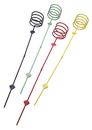Cuisinart drink stakes are ideal for entertaining outdoors, offering your guests a way to manage their drinks without spilling them. Each stake has a three-sided collar that helps anchor it into the ground so it won't tip over. These colorful stakes hold canned or bottled drinks and beverage cups, and are perfect for camping, picnics or the beach. Plus, it separates into two pieces so it's compact and portable. Screw the two parts together for use, and unscrew them for travel and storage.Set of 4 | Made of steel and plastic | Green, blue, red and yellow | 0.25" thick wire construction | Threaded 2-piece design | Separates for simple storage and transport | No assembly required