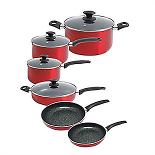Gibson 10 pc cookware nonstick 3.0mm - 1qt sauce with lid, 2.5 qt sauce with lid, 5qt Dutch oven with lid, 3.5 qt saute with lid, 1 8 in frypan, 1 9,5 in frypan, Bakelite handles on each , Black speckled interior 3.0 alum. Features3.0 mm Cookware Nonstick10 PieceIncludes1qt sauce with lid, 2.5 qt sauce with lid, 5qt Dutch oven with lid, 3.5 qt saute with lid, 1 8 in frypan, 1 9,5 in frypan, Bakelite handles on each , Black speckled interior 3.0 alum.SpecificationsSize: 3.0 mmWeight: 21 lbsDurable aluminum construction provides even heating performance; perfect for all types of cooking, from searing to simmering  | Long-lasting nonstick coating releases food effortlessly and cleans up easily  | Ergonomic heat-resistant handles provide sturdy grips for safer and more confident handling  | This versatile set of essentials helps you do more in the kitchen; handwash recommended  | 10 Piece set includes: one 3-QT saucepan, one 7-QT saucepan, four 5-QT Dutch ovens, 8 inch frying pan, 10 inch frying pan, spoon, and slotted turner