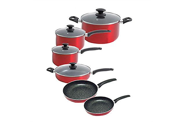 Gibson 10 pc cookware nonstick 3.0mm - 1qt sauce with lid, 2.5 qt sauce with lid, 5qt Dutch oven with lid, 3.5 qt saute with lid, 1 8 in frypan, 1 9,5 in frypan, Bakelite handles on each , Black speckled interior 3.0 alum. Features3.0 mm Cookware Nonstick10 PieceIncludes1qt sauce with lid, 2.5 qt sauce with lid, 5qt Dutch oven with lid, 3.5 qt saute with lid, 1 8 in frypan, 1 9,5 in frypan, Bakelite handles on each , Black speckled interior 3.0 alum.SpecificationsSize: 3.0 mmWeight: 21 lbsDurable aluminum construction provides even heating performance; perfect for all types of cooking, from searing to simmering  | Long-lasting nonstick coating releases food effortlessly and cleans up easily  | Ergonomic heat-resistant handles provide sturdy grips for safer and more confident handling  | This versatile set of essentials helps you do more in the kitchen; handwash recommended  | 10 Piece set includes: one 3-QT saucepan, one 7-QT saucepan, four 5-QT Dutch ovens, 8 inch frying pan, 10 inch frying pan, spoon, and slotted turner