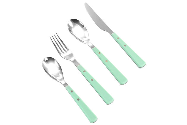The perfect addition to any table setting. Your guests will love the elegant design and feel right at home with the Martha Stewart Garden Cottage Stainless Steel 16 Piece Flatware Set. Includes 4 of each, dinner fork, dinner knife, dinner spoon and teaspoon. Made of strong, durable stainless steel that is built to last. This Martha Stewart flatware set is just one of the amazing pieces you can get for your home kitchen. Complete the entire collection to truly feel right at home.Material: Stainless Steel | Pieces: 16 | Serves: 4 | Care: Dishwasher Safe, avoid detergents with lemon | Material: stainless steel
pieces: 16
serves: 4
includes:
4x dinner forks
4x dinner spoons
4x dinner knives
4x teaspoons
care: dishwasher safe, avoid detergents with lemon