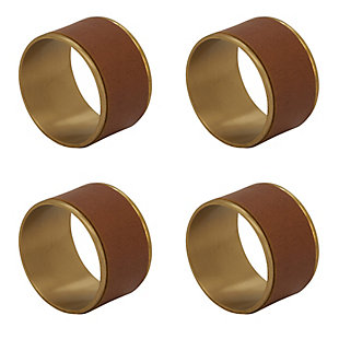 Bring a rustic charm to your tabletop with this lovely set of Leather Napkin Rings. The brass interior adds a stylish note, while the leather ring  brings a beautiful combination of farmhouse appeal and refined notes. It's very easy to pair with other brass table décor or metallic accents.Diameter: 1.5" | Set includes 4 pcs | Wide, round design, adds dimension to the tabletop. | Natural leather, brings an organic look and feel. | Material: brass - leather + Care: wipe with dry cloth