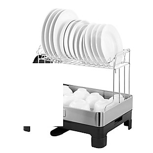 happimess Simple 20.75" Fingerprint-Proof Stainless Steel 2-Tier Dish Drying Rack with Swivel Spout Tray, Stainless Steel/Black, , rollover