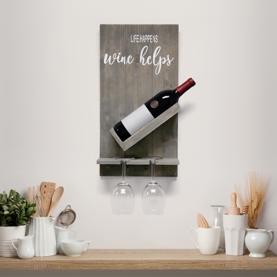 Elegant Designs Lucca Wall Mounted Wooden "Life Happens Wine Helps" Wine Bottle Shelf with Glass Holder, Rustic Gray, Rustic Gray, large
