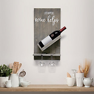 Elegant Designs Lucca Wall Mounted Wooden "Life Happens Wine Helps" Wine Bottle Shelf with Glass Holder, Rustic Gray, Rustic Gray, rollover