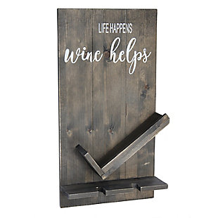 Elegant Designs Lucca Wall Mounted Wooden "Life Happens Wine Helps" Wine Bottle Shelf with Glass Holder, Rustic Gray, Rustic Gray, large