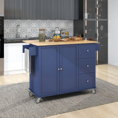 Dovelina Kiopy Rolling Mobile Kitchen Island with Solid Wood Top, Blue, rollover