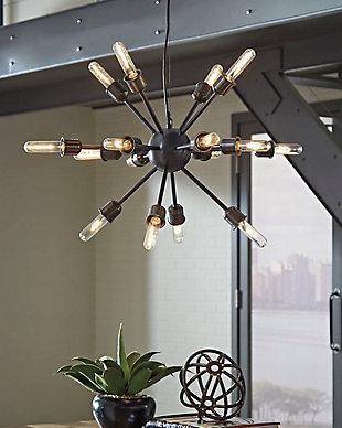 Add an ambient spray of light to any room in the modern style of the Jesenia starburst pendant light. In a black nickel finish, its central sphere has16 bulb arms that jet out in every direction. The design is stunning, perfect for creating a celestial look overhead.Made of metal | 16 type A Edison-style bulbs (not included); 25-watt max or CFL 8-watt max; UL Listed | Hardwired fixture; professional installation recommended | Indoor use only | Assembly required | Clean with a soft, dry cloth