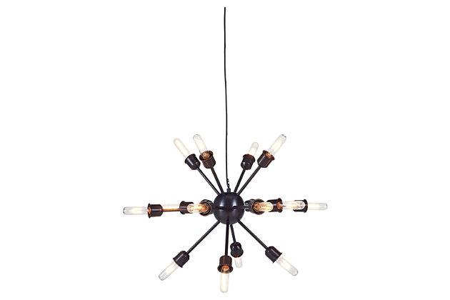 Add an ambient spray of light to any room in the modern style of the Jesenia starburst pendant light. In a black nickel finish, its central sphere has16 bulb arms that jet out in every direction. The design is stunning, perfect for creating a celestial look overhead.Made of metal | 16 type A Edison-style bulbs (not included); 25-watt max or CFL 8-watt max; UL Listed | Hardwired fixture; professional installation recommended | Indoor use only | Assembly required | Clean with a soft, dry cloth