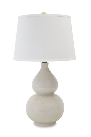 Turn onto a relaxed sense of elegance. Double gourd shaped base of the Saffi table lamp is simply gorgeous. Crackle glaze adds a rich layer of interest to the ceramic surface.Clean with a soft, dry cloth | Assembly required | 3-way switch | Made of ceramic with fabric modified drum shade | 1 type A bulb (not included); 150 watts max or CFL 25 watts max; UL listed