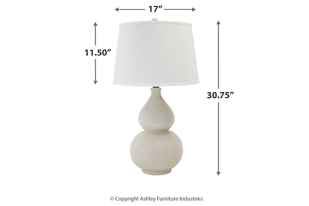 Turn onto a relaxed sense of elegance. Double gourd shaped base of the Saffi table lamp is simply gorgeous. Crackle glaze adds a rich layer of interest to the ceramic surface.Clean with a soft, dry cloth | Assembly required | 3-way switch | Made of ceramic with fabric modified drum shade | 1 type A bulb (not included); 150 watts max or CFL 25 watts max; UL listed