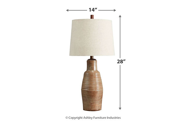 Delight in an earthy elegant aesthetic with the Calixto terracotta table lamp. Loaded with multitonal interest, the iridescent taupe base with ribbed texture exudes a sense of raw refinement. Three-way switch provides just the right amount of illumination.Made of terracotta (ceramic) with fabric modified drum shade | 3-way switch | 1 type A bulb (not included); 150 watts max or CFL 25 watts max; UL Listed | Assembly required | Estimated Assembly Time: 15 Minutes