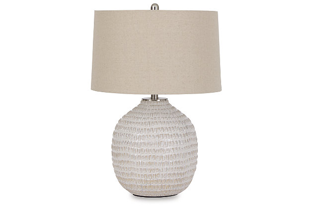 Style and function come together in the Jamon textured ceramic lamp to bring incandescent style to any space in your home. Combining a rounded base, accented with goldtone hardware, this lamp is capped off with a simple natural lampshade for complete elegance. Pair with a wide variety of furniture styles for a versatile indoor lighting option you'll love.Made of ceramic with fabric modified drum shade | Beige and white glaze | 3-way switch | 1 type A bulb (not included), 150 watts max or CFL 25 watts max; UL Listed | Minor assembly | Estimated Assembly Time: 15 Minutes
