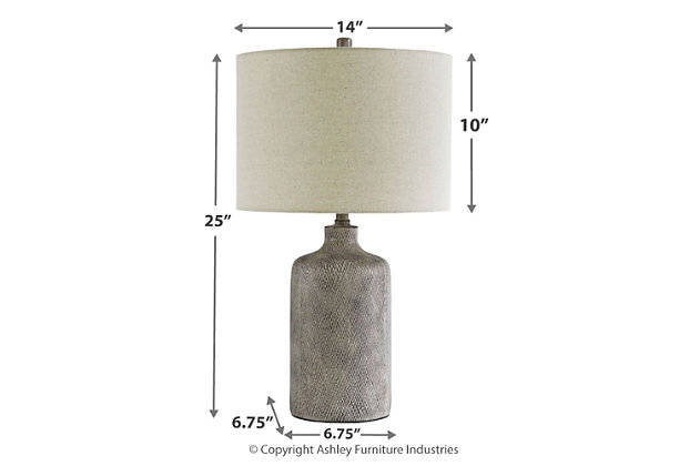 Brighten your bedside or illuminate your living space with the stylish Linus table lamp. Understated ceramic base is finished with a striking antique black effect. Fabric drum shade is a soft touch and harbors light wonderfully.Made of finished ceramic with fabric modified drum shade | 3-way switch | 1 type A bulb (not included); 100 watts max or CFL 23 watts max; UL listed | Assembly required | Clean with a soft, dry cloth | Estimated Assembly Time: 15 Minutes