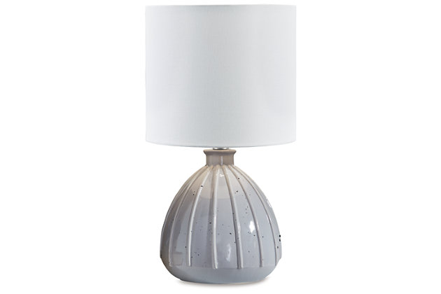 Illuminate your space with the Grantner table lamp. The smooth glazed surface ads subtle artistic ambiance, while a beige fabric shade completes the tasteful silhouette. You'll love the bright and beautiful glow that this table lamp brings to your home.Made of ceramic with drum hardback fabric shade | Gray glazed finish | On/off switch | 1 E26 socket; type A bulb recommended (not included); 40 watts max or CFL 8 watts max; UL listed | Assembly required | Estimated Assembly Time: 15 Minutes