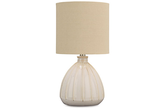 Illuminate your space with the Grantner table lamp. The smooth glazed surface ads subtle artistic ambiance, while a beige fabric shade completes the tasteful silhouette. You'll love the bright and beautiful glow that this table lamp brings to your home.Made of ceramic with drum hardback fabric shade | Off-white glazed finish | On/off inline switch | 1 E26 socket; type A bulb recommended (not included); 40 watts max or CFL 8 watts max; UL listed | Assembly required | Estimated Assembly Time: 15 Minutes