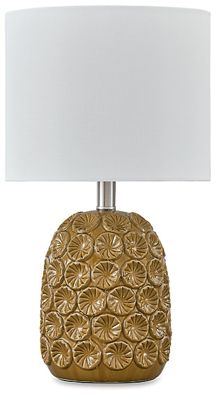 The Moorbank table lamp is beautiful, artsy and a truly eye-catching addition to your decor. It features a hi-lo pattern that plays with the shadow for a more dimensional look. Topped with a white fabric drum shade for the perfect finishing touch.Made of ceramic with drum hardback fabric shade | Amber glazed finish | On/off inline switch | 1 E26 socket; type A bulb recommended (not included); 60 watts max or CFL 13 watts max; UL listed | Assembly required | Estimated Assembly Time: 15 Minutes