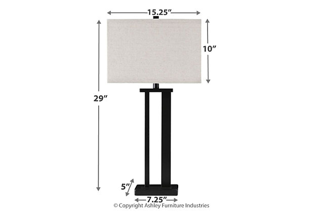 The Aniela table lamp lights up your design world. Bronze-tone metal base with open silhouette creates engaging negative space. Linear profile is just what you’ve been craving.Made of metal with fabric rectangular hardback shade | 3-way switch | 1 type A bulb (not included); 100 watts max or CFL 23 watts max; UL Listed | Clean with a soft, dry cloth | Assembly required | Estimated Assembly Time: 15 Minutes