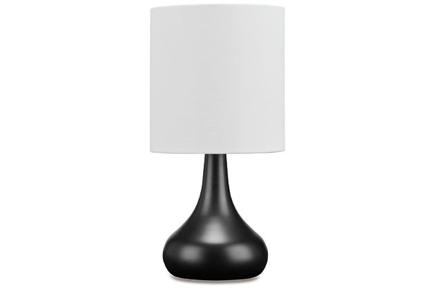 With its sleek metal droplet body, topped with a white drum shade, the Camdale table lamp creates an engaging look. A single USB charging port keeps your electronics up and running at all times. Place this lamp in the living room for a radiant focal point that speaks to the educated eye, or use it in the boudoir for an opulent touch. Made of metal with drum hardback fabric shade | Black finish | USB charging port | On/off switch | 1 E26 socket; type A bulb recommended (not included); 40 watts max or CFL 8 watts max; UL listed | Assembly required | Estimated Assembly Time: 15 Minutes