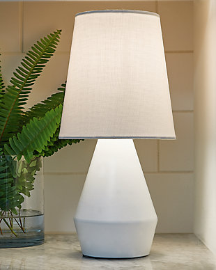 The Lanry table lamp has a retro modern look that imparts a timeless elegance to any home or office. Its uniquely designed metal base is softened by a white fabric drum shade. A built-in USB port keeps your electronics charged. The aesthetic will brighten your living space wherever the lamp is placed.Made of metal with modified drum hardback fabric shade | White finish | On/off switch | Single USB charging port | 1 E26 socket; type A bulb recommended (not included); 40 watts max or CFL 8 watts max; UL Listed | Assembly required | Estimated Assembly Time: 15 Minutes