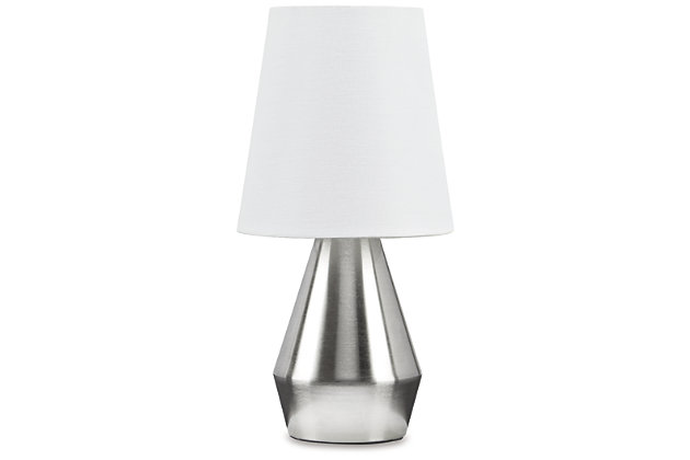 The Lanry table lamp has a retro modern look that imparts a timeless elegance to any home or office. Its uniquely designed metal base is softened by a white fabric drum shade. A built-in USB port keeps your electronics charged. The aesthetic will brighten your living space wherever the lamp is placed.Made of metal with modified drum hardback fabric shade | Brushed silvertone finish | On/off switch | Single USB charging port | 1 E26 socket; type A bulb recommended (not included); 40 watts max or CFL 8 watts max; UL Listed | Assembly required