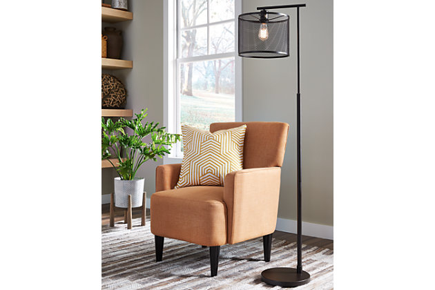 For urban sophistication, add the Nolden floor lamp to your space. A bronze-tone finish and metal shade help this structured lamp shed light on good style.Made of metal with metal shade | Bronze-tone finish | On/off switch | 1 type A bulb (not included); 60 watts max or CFL 13 watts; UL Listed | Assembly required | Estimated Assembly Time: 15 Minutes