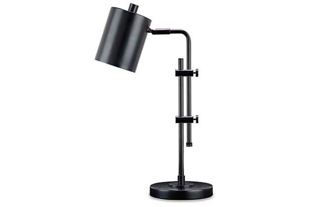 Inspired by contemporary lighting designs, the Baronvale metal desk lamp features a slender black profile with a simple metal shade. An adjustable neck and shade provide targeted illumination.Made of metal with metal shade | Black finish | On/off switch | Adjustable arm and neck | 1 E26 socket; type A bulb recommended (not included); 40 watts max or CFL 8 watts max; UL Listed | Assembly required