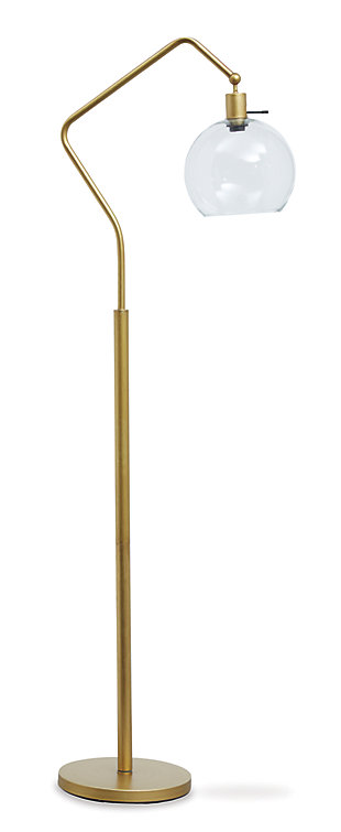 See light through a modern-day lens with the Marilee floor lamp. Antiqued brass-tone finish has the warm, eye-catching aesthetic you love. Glass shade hangs from a beautiful angular arm to illuminate your home.Made of antiqued brass-tone finished metal with glass shade | On/off switch | 1 type A bulb (not included); 60 watts max or CFL 13 watts max; UL Listed | Clean with a soft, dry cloth | Assembly required | Estimated Assembly Time: 15 Minutes