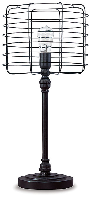 Love industrial cool style? You’re sure to be floored by this retro-chic metal table lamp. Factory inspired cage shade exposes the bulb, bringing home a touch of nostalgia that feels delightfully relevant.Made of metal with metal shade | On/off switch on cord | 1 type A bulb (not included); 60 watts max or CFL 13 watts max; UL Listed | Assembly required | Clean with a soft, dry cloth | Estimated Assembly Time: 15 Minutes