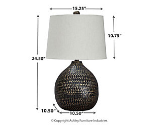Infuse your home with the casual vibe of the Maire table lamp. Black finish is elevated with a goldtone circular pattern. Its slightly urban industrial design brings balance and brightness to your room with double the style.Made of black and goldtone finished metal with modified drum shade | 3-way switch | 1 type A bulb (not included); 150 watts max or CFL 25 watts max; UL Listed | Clean with a soft, dry cloth | Assembly required | Estimated Assembly Time: 15 Minutes