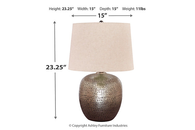 Stay trendy with hammered aluminum that exudes urban refinement. The Magalie table lamp’s silvertone sheen will fill any space with well-lit splendor.Made of antiqued silvertone hammered aluminum with modified drum shade | 3-way switch | 1 type A bulb (not included); 150 watts max or CFL 25 watts max; UL Listed | Clean with a soft, dry cloth | Assembly required | Estimated Assembly Time: 15 Minutes