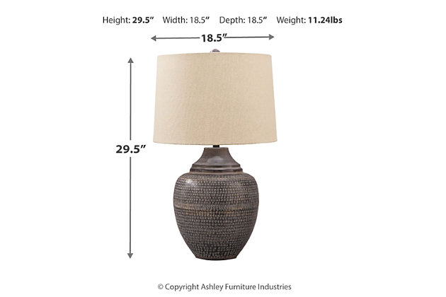Cast your space in the right light with the Olinger table lamp. The antiqued brown finish adds to the versatile urn shape allowing it to fit seamlessly into a myriad of decor schemes. Even when you decide to redecorate, you will find new uses for this adaptable lamp.Made of antiqued finished metal with modified drum shade | 3-way switch | 1 type A bulb (not included); 150 watts max or 25 CFL watts max; UL Listed | Assembly required | Estimated Assembly Time: 15 Minutes