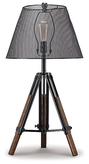 Sporting a snappy tripod base and wire mesh see-through shade, the Leolyn table lamp strikes a pose for casually cool style. Blend of wood and metal makes it all the more interesting. Adjustable height design makes it all the more functional.Made of metal and wood | 3-way switch | 1 type A bulb (not included); 150 watts max or CFL 25 watts max; UL listed | Clean with a soft, dry cloth | Assembly required | Estimated Assembly Time: 15 Minutes